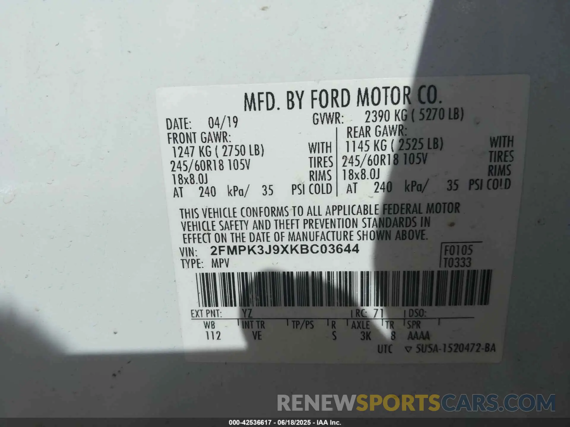 9 Фотография поврежденного автомобиля 2FMPK3J9XKBC03644 FORD EDGE 2019