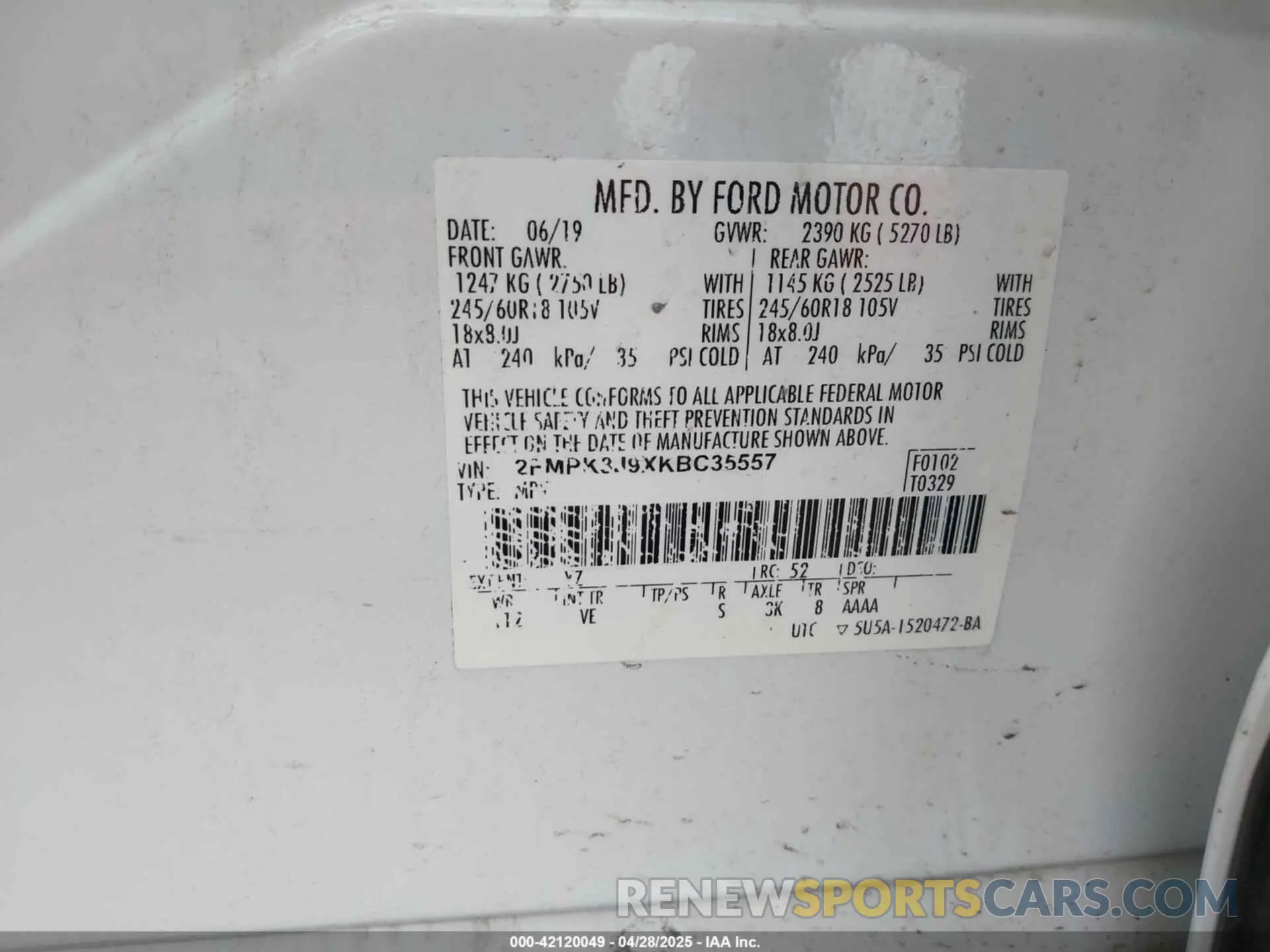 9 Photograph of a damaged car 2FMPK3J9XKBC35557 FORD EDGE 2019