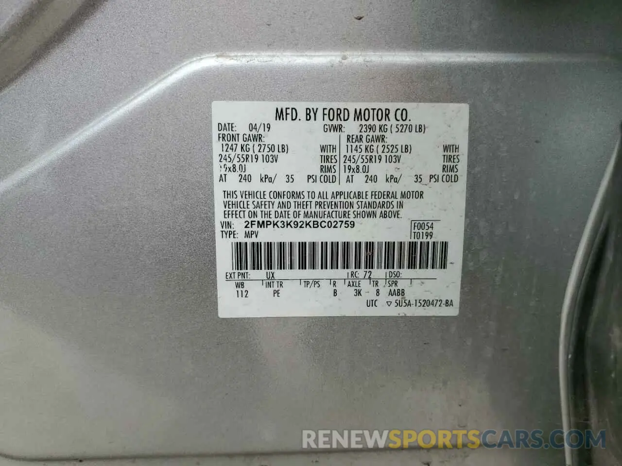 14 Photograph of a damaged car 2FMPK3K92KBC02759 FORD EDGE 2019