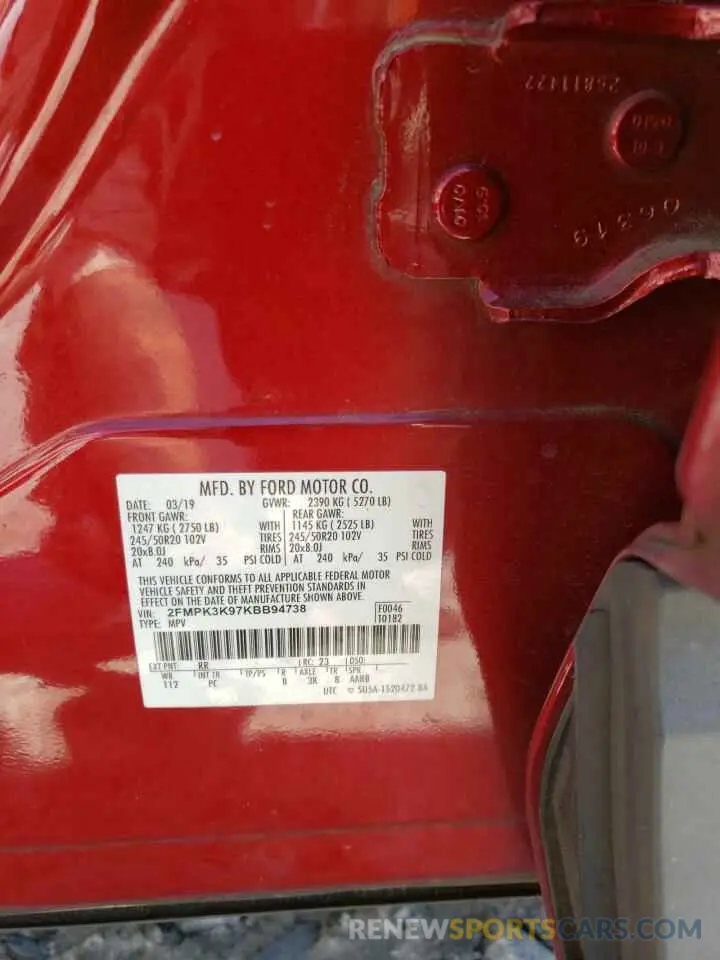 13 Photograph of a damaged car 2FMPK3K97KBB94738 FORD EDGE 2019