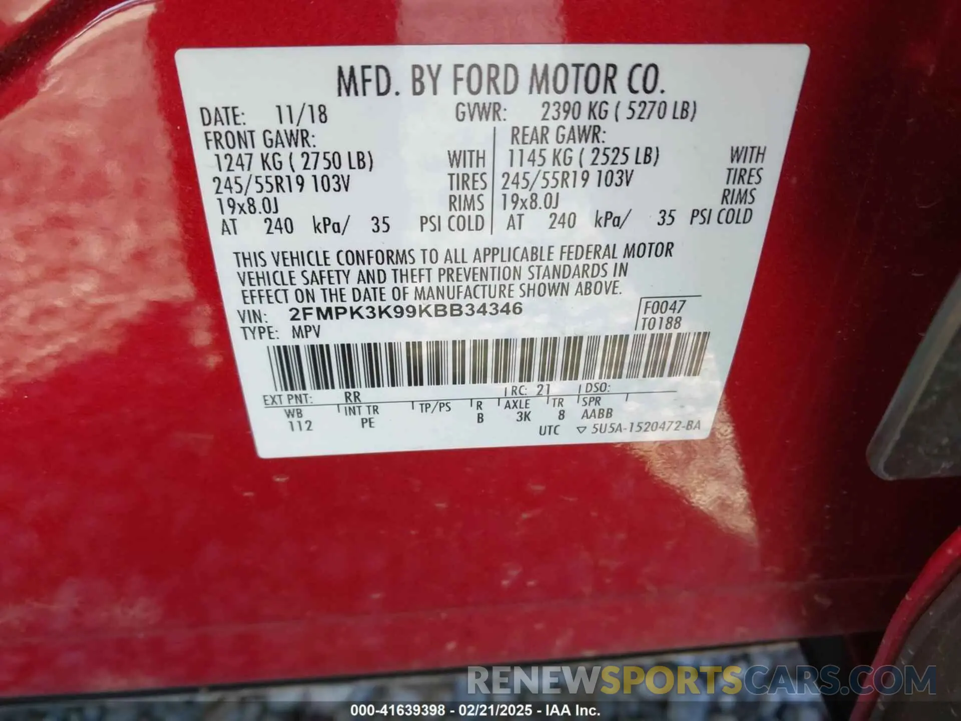 9 Фотография поврежденного автомобиля 2FMPK3K99KBB34346 FORD EDGE 2019