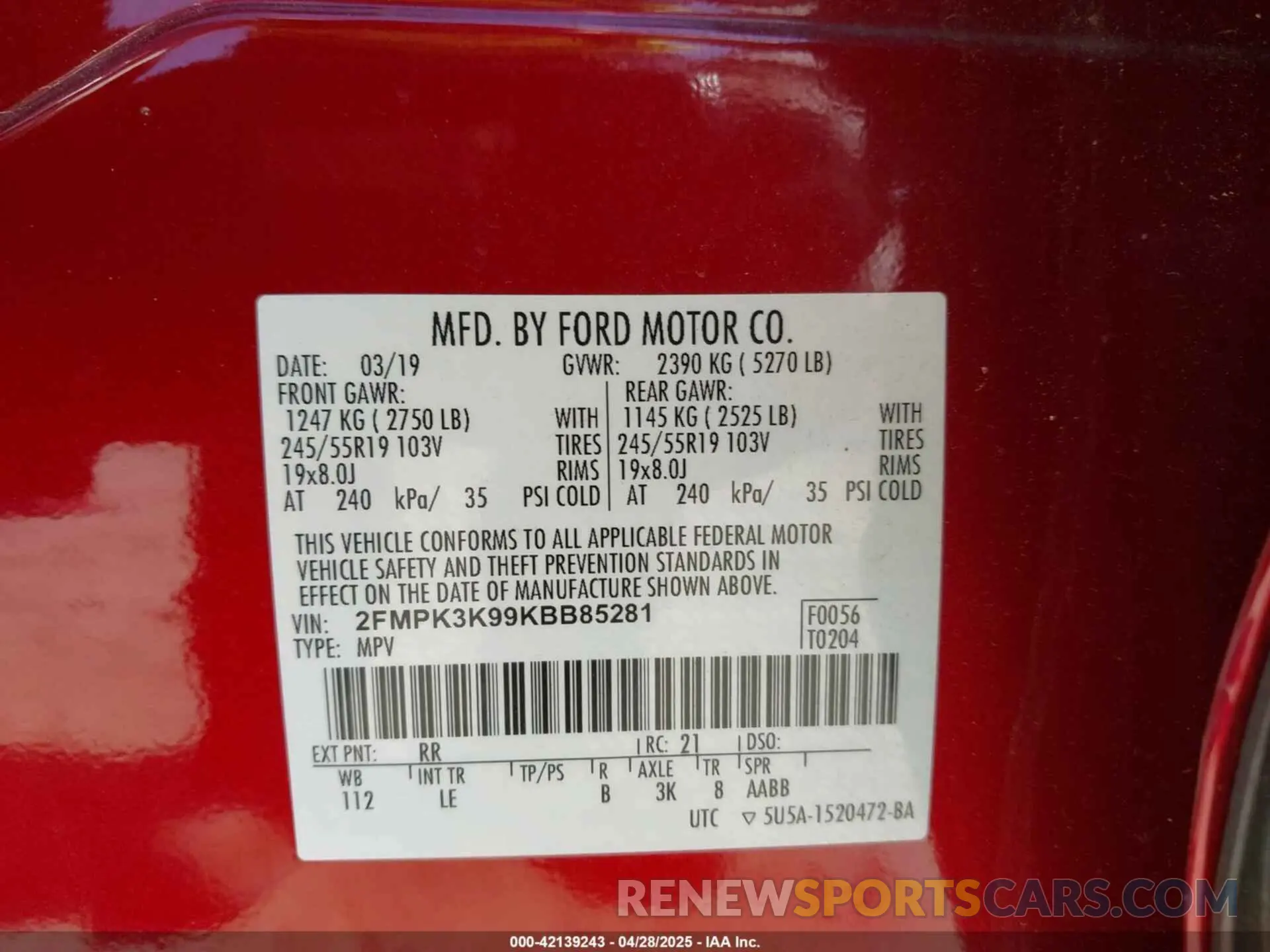 9 Фотография поврежденного автомобиля 2FMPK3K99KBB85281 FORD EDGE 2019