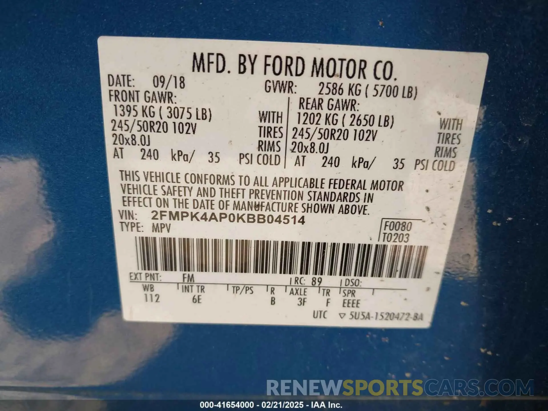 9 Фотография поврежденного автомобиля 2FMPK4AP0KBB04514 FORD EDGE 2019