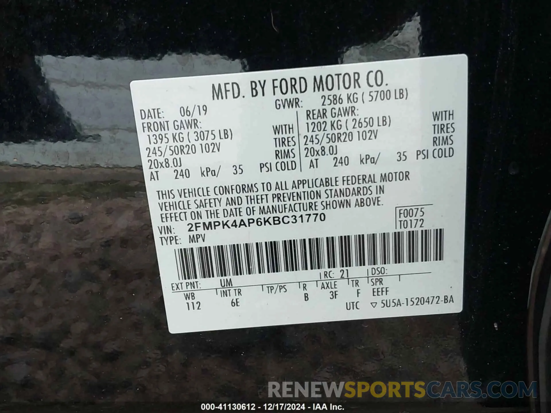 9 Фотография поврежденного автомобиля 2FMPK4AP6KBC31770 FORD EDGE 2019