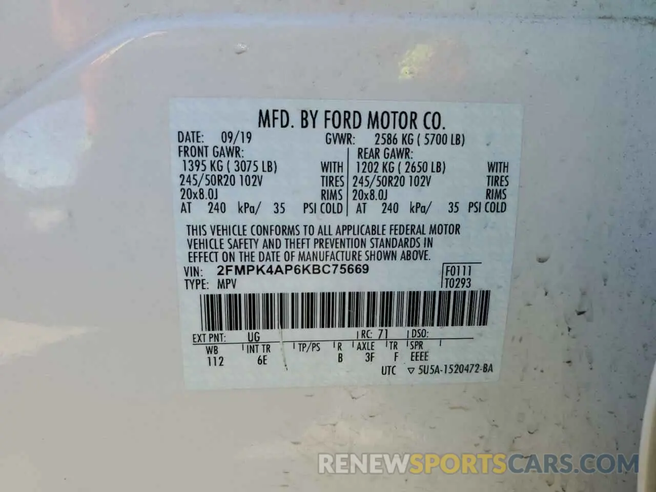 14 Фотография поврежденного автомобиля 2FMPK4AP6KBC75669 FORD EDGE 2019