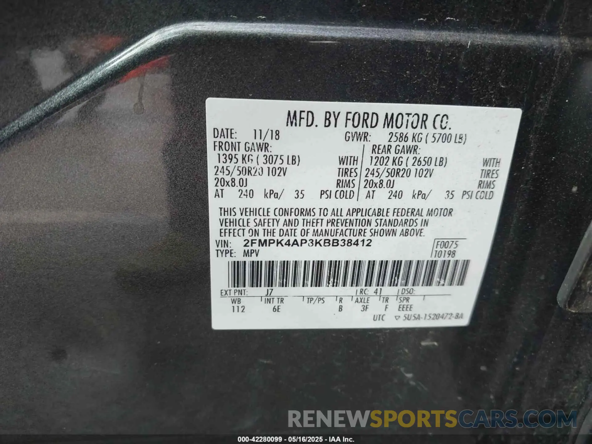 9 Фотография поврежденного автомобиля 2FMPK4AP8KBB38412 FORD EDGE 2019