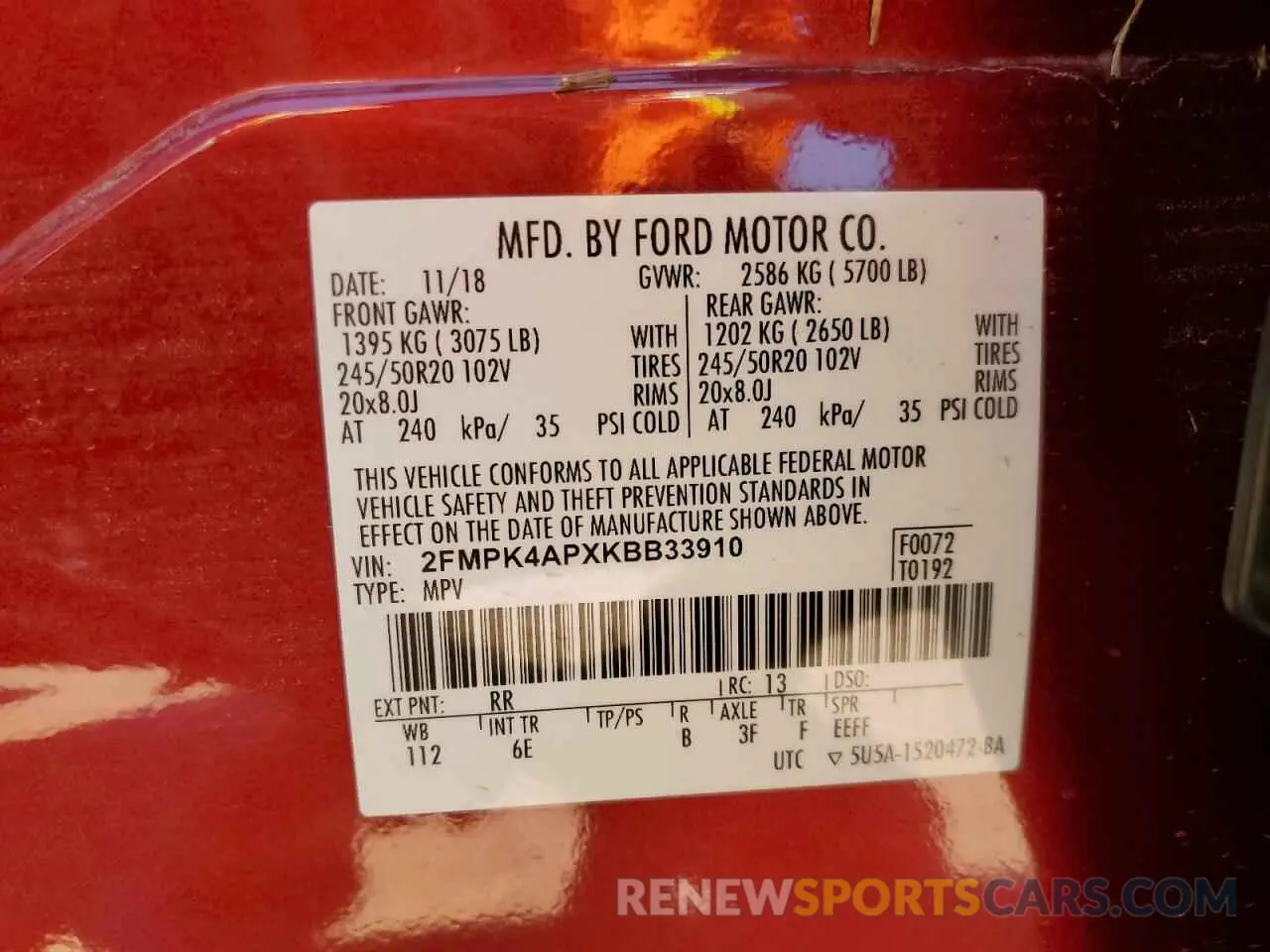 13 Photograph of a damaged car 2FMPK4APXKBB33910 FORD EDGE 2019
