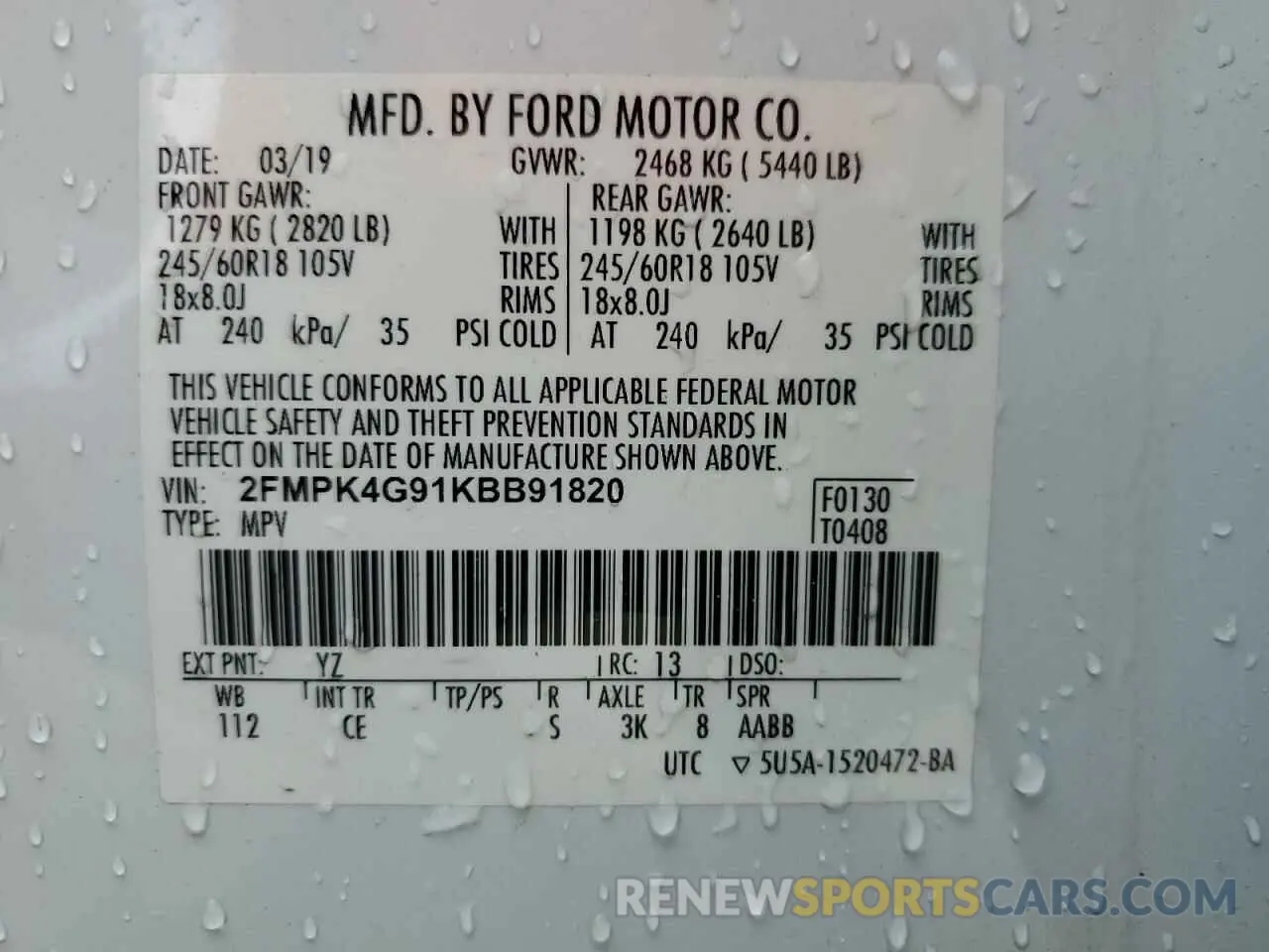 13 Photograph of a damaged car 2FMPK4G91KBB91820 FORD EDGE 2019