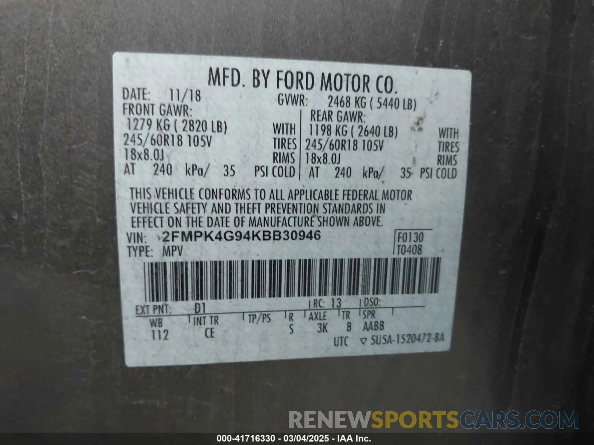 9 Photograph of a damaged car 2FMPK4G94KBB30946 FORD EDGE 2019