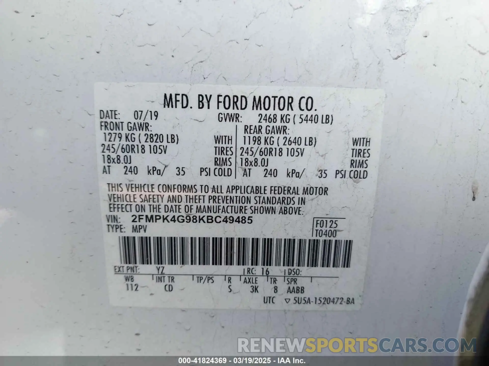 9 Фотография поврежденного автомобиля 2FMPK4G98KBC49485 FORD EDGE 2019
