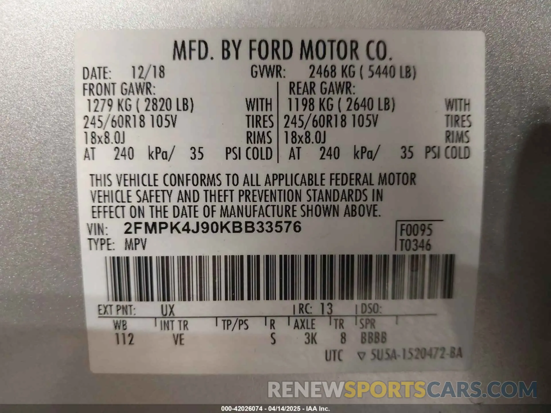 9 Фотография поврежденного автомобиля 2FMPK4J90KBB33576 FORD EDGE 2019