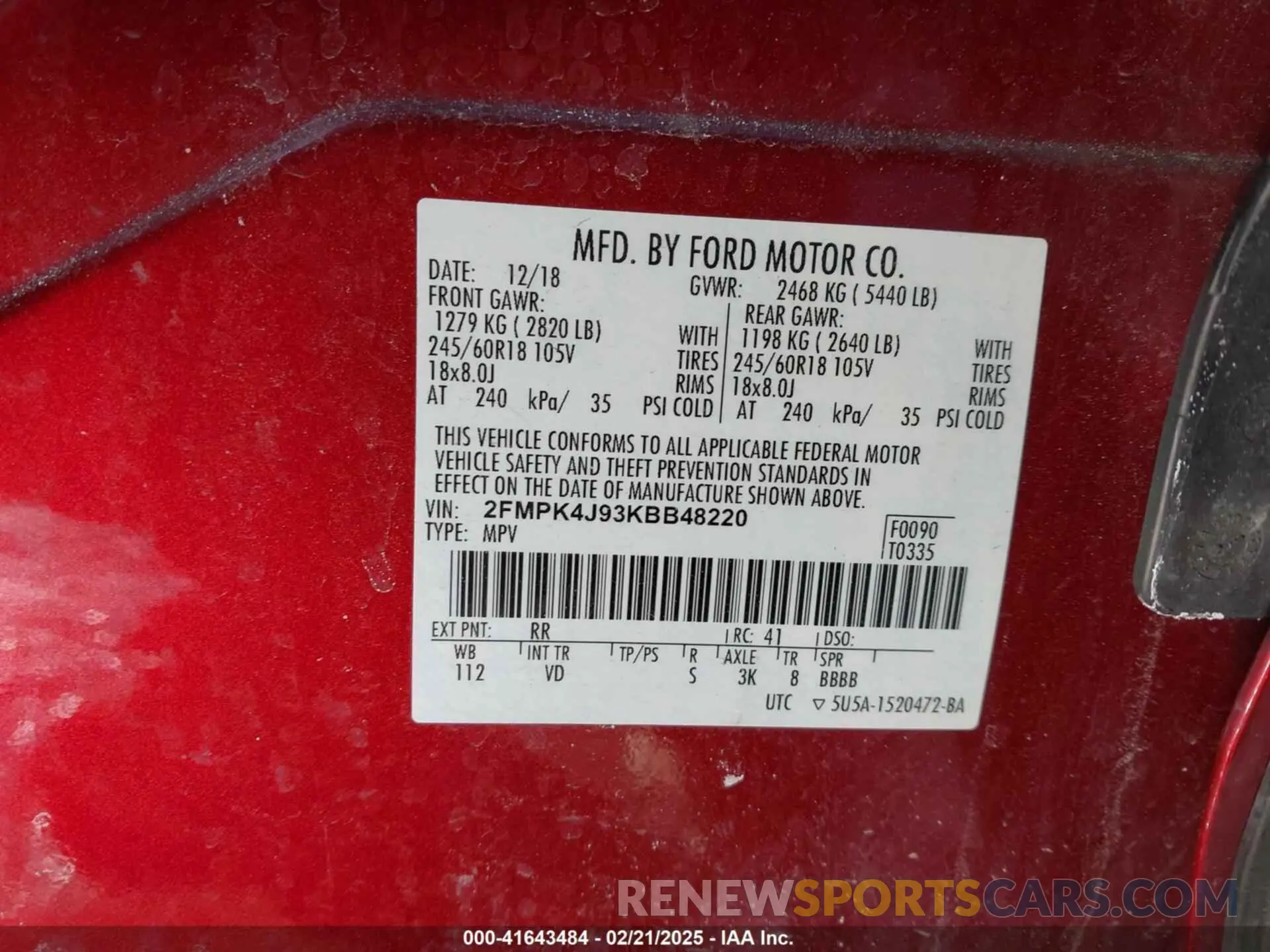 9 Photograph of a damaged car 2FMPK4J93KBB48220 FORD EDGE 2019