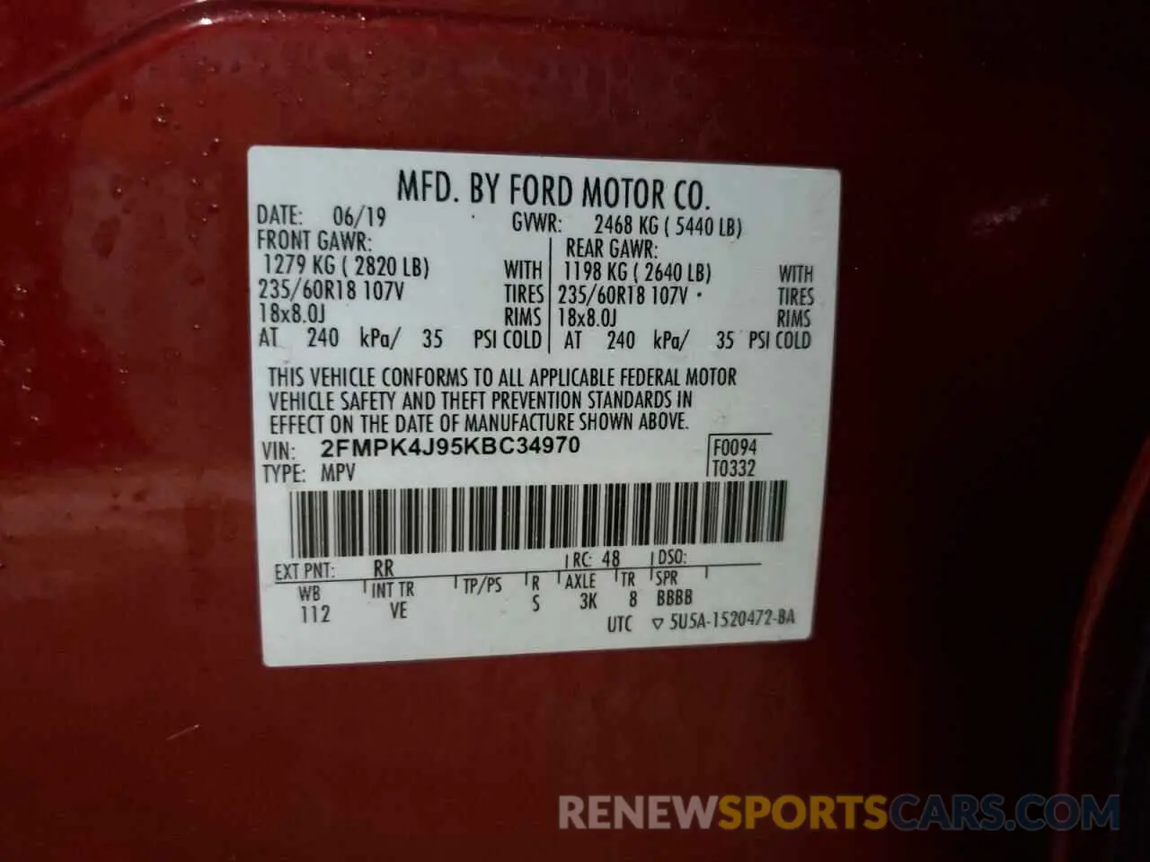 15 Photograph of a damaged car 2FMPK4J95KBC34970 FORD EDGE 2019