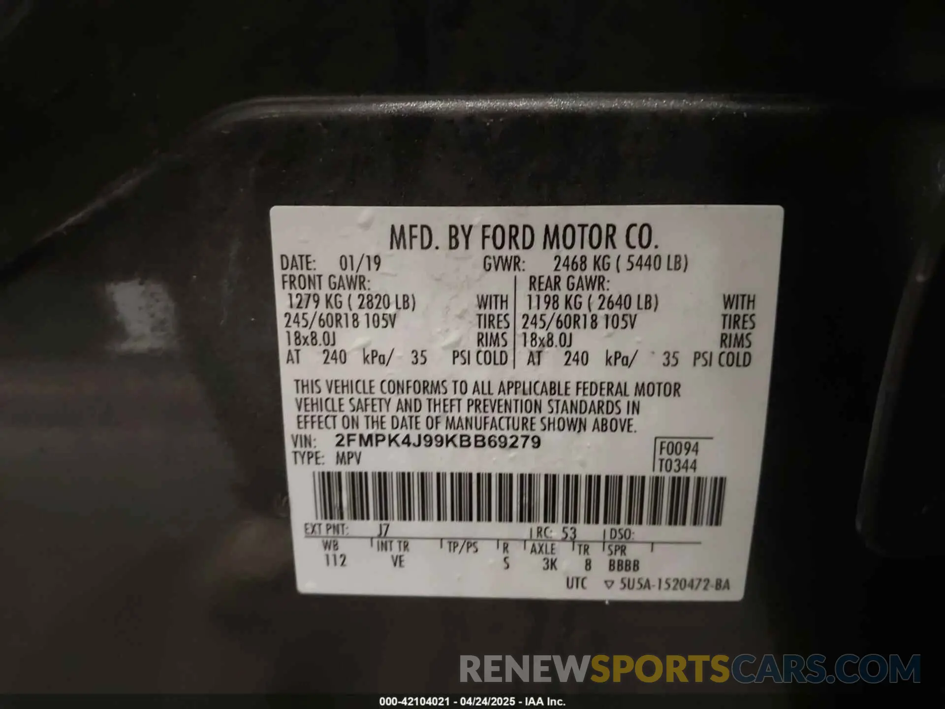 9 Фотография поврежденного автомобиля 2FMPK4J99KBB69279 FORD EDGE 2019