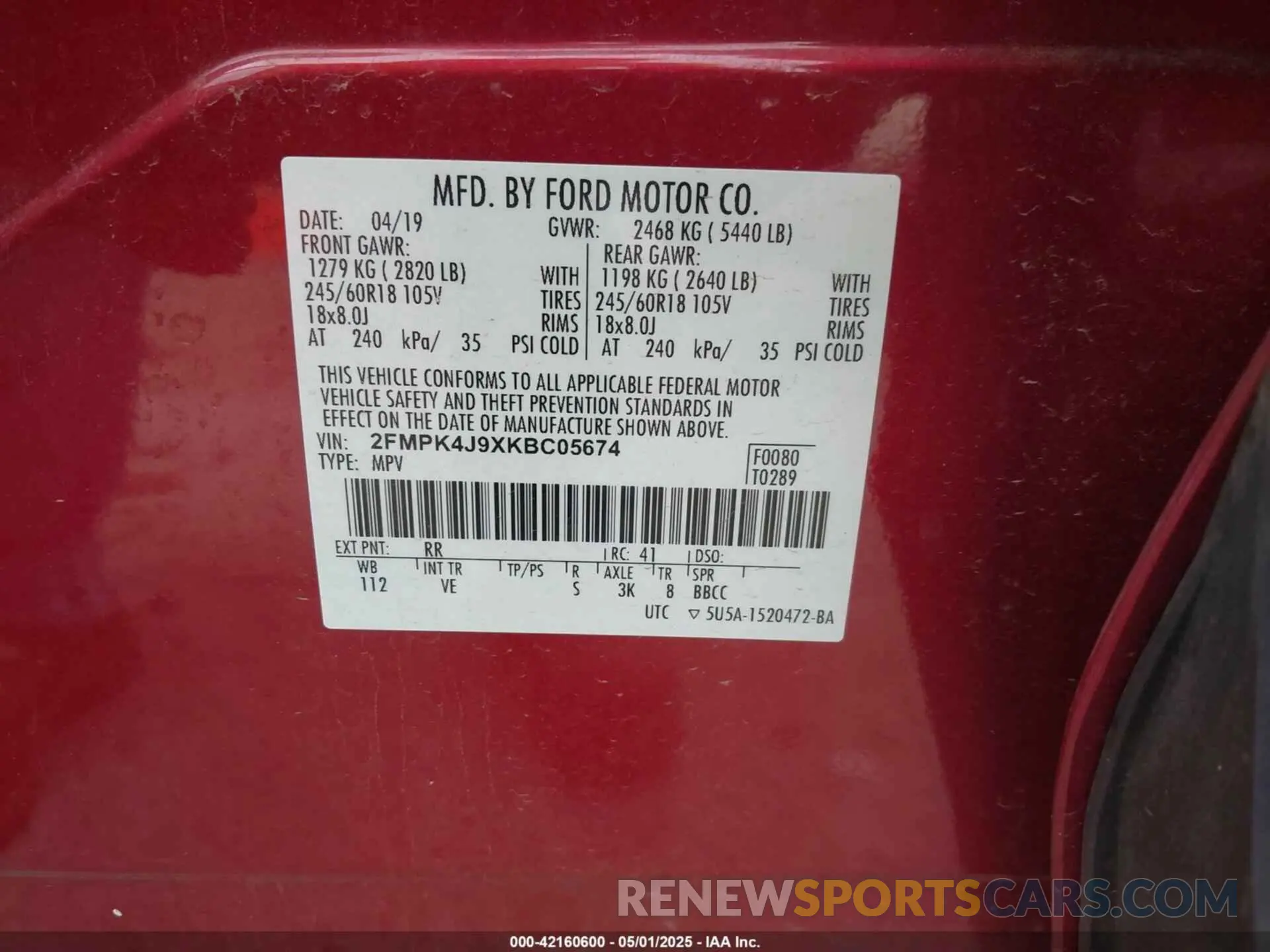 9 Photograph of a damaged car 2FMPK4J9XKBC05674 FORD EDGE 2019