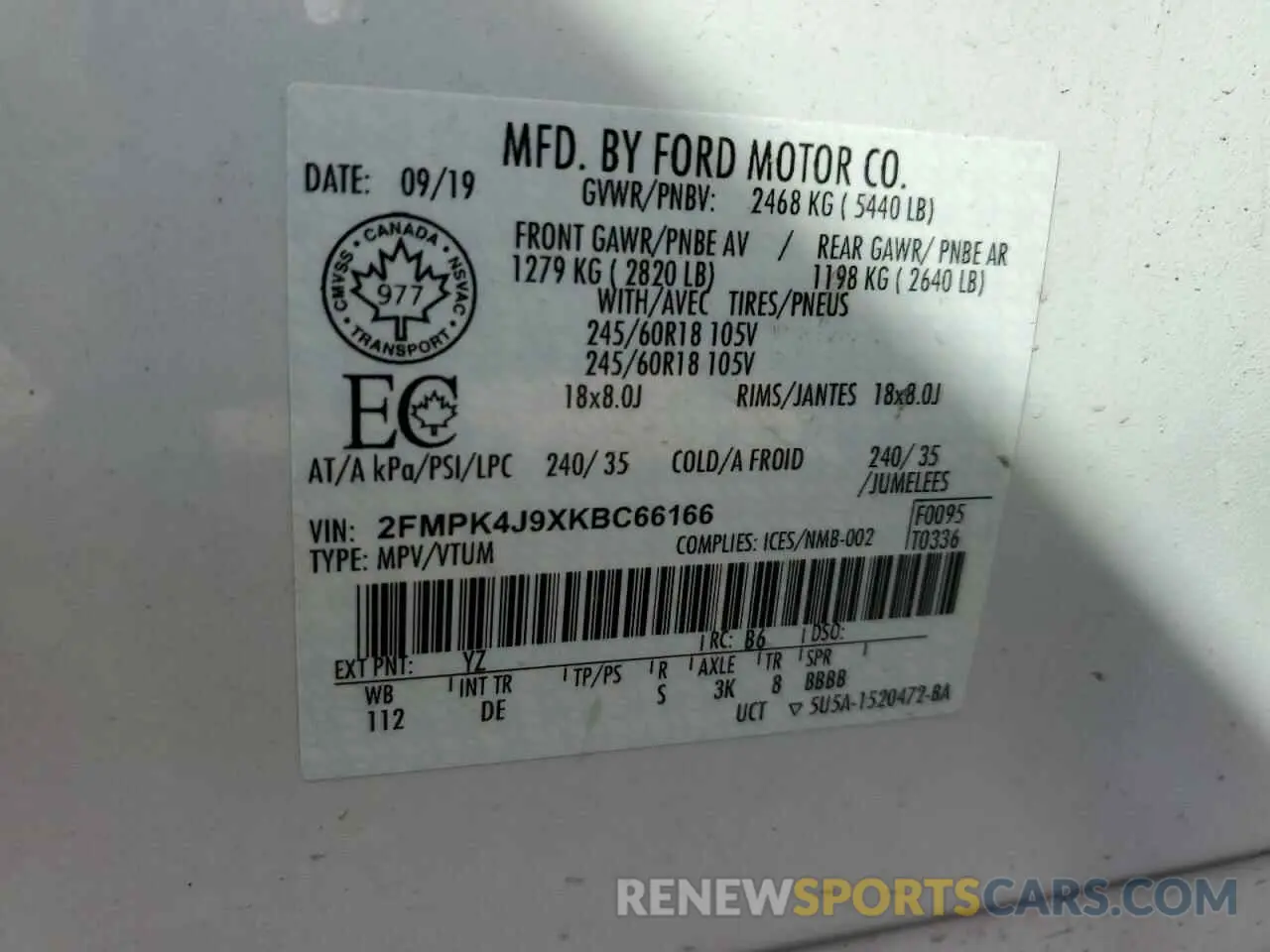 13 Photograph of a damaged car 2FMPK4J9XKBC66166 FORD EDGE 2019