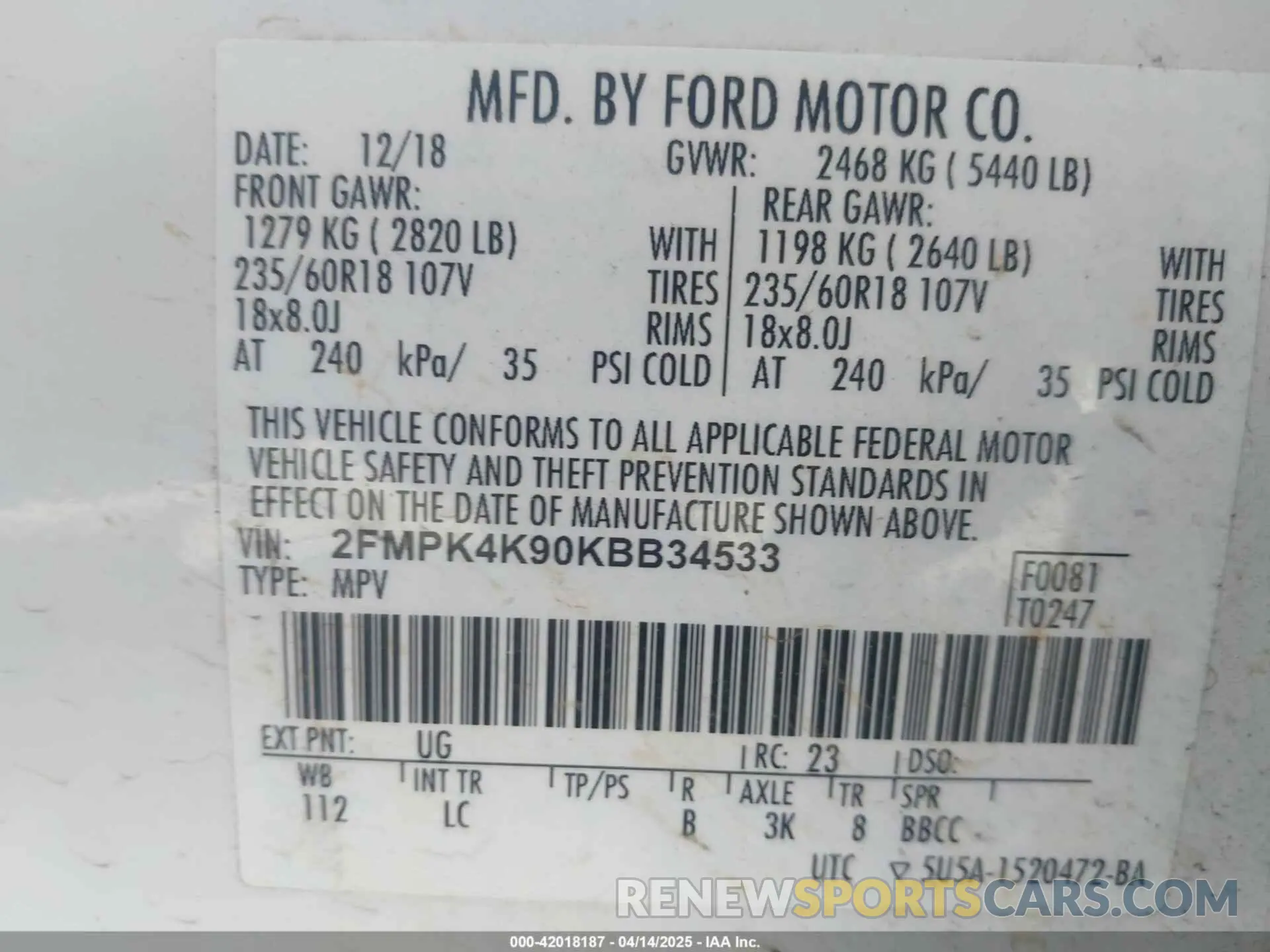 9 Фотография поврежденного автомобиля 2FMPK4K90KBB34533 FORD EDGE 2019