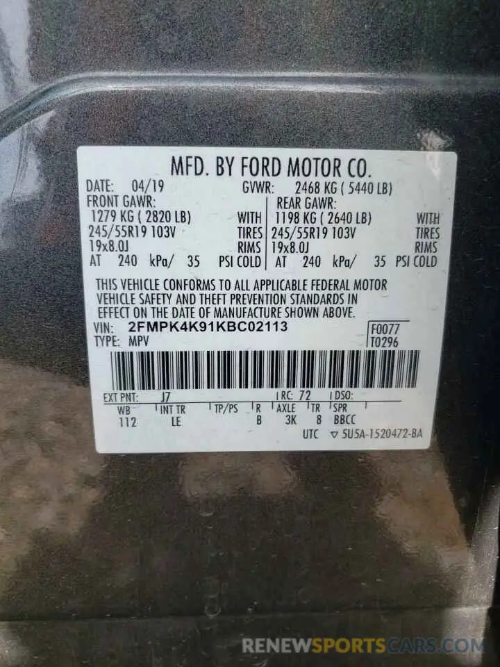 13 Фотография поврежденного автомобиля 2FMPK4K91KBC02113 FORD EDGE 2019
