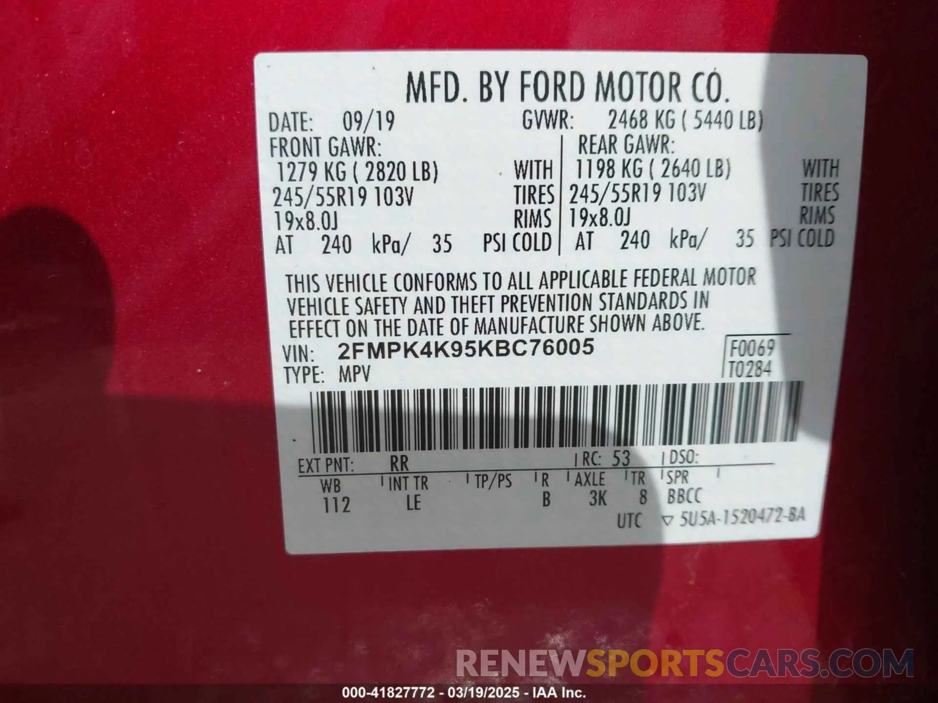 9 Фотография поврежденного автомобиля 2FMPK4K95KBC76005 FORD EDGE 2019