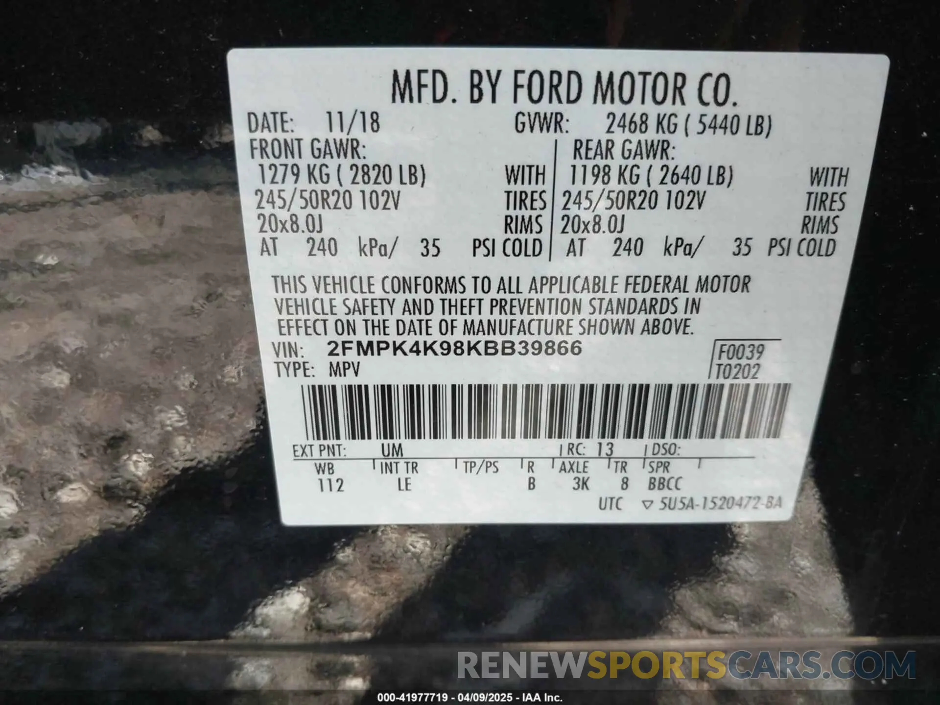 9 Фотография поврежденного автомобиля 2FMPK4K98KBB39866 FORD EDGE 2019