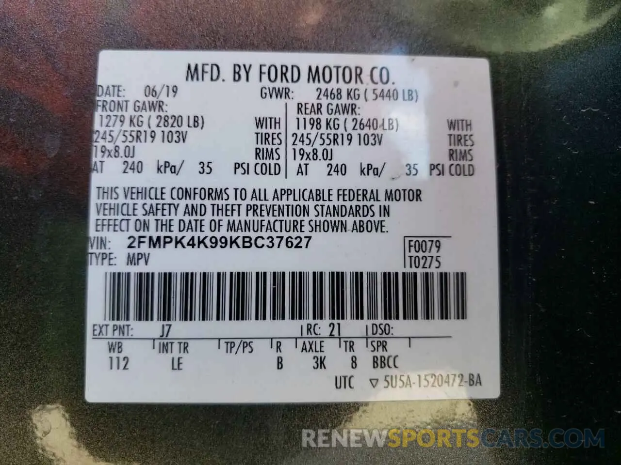 14 Фотография поврежденного автомобиля 2FMPK4K99KBC37627 FORD EDGE 2019
