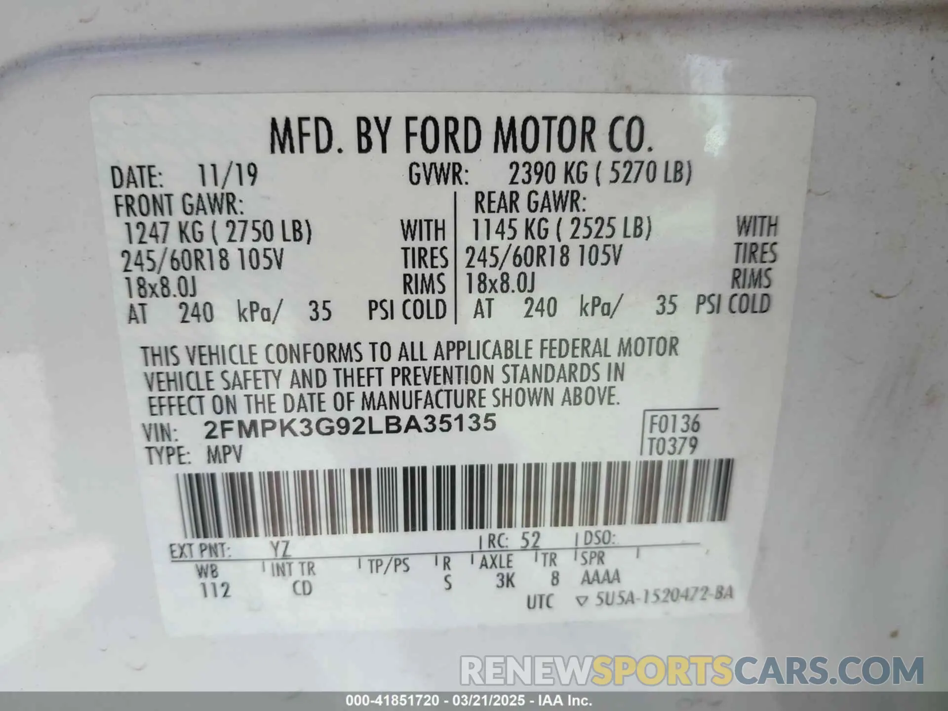 9 Фотография поврежденного автомобиля 2FMPK3G92LBA35135 FORD EDGE 2020