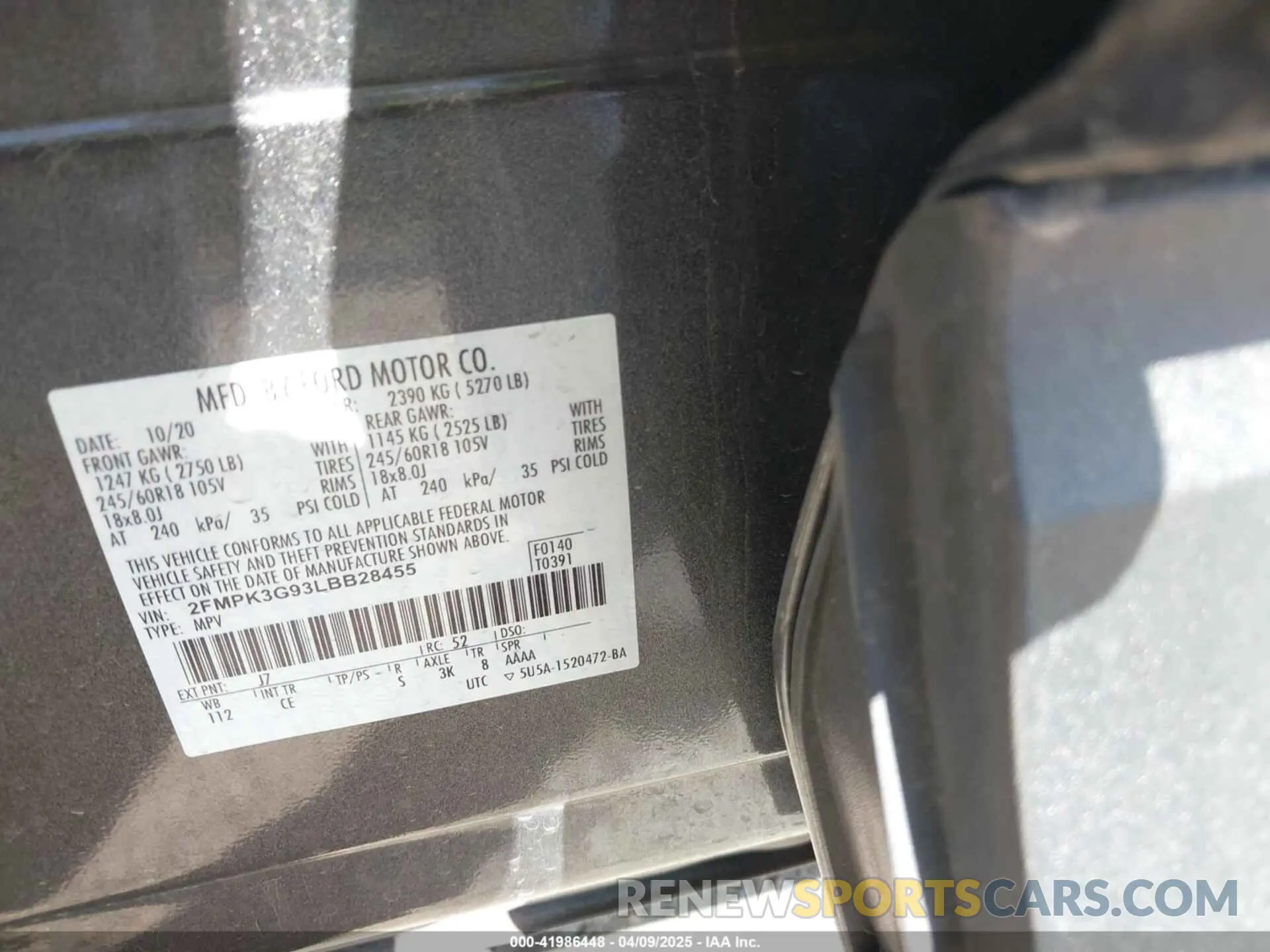 9 Photograph of a damaged car 2FMPK3G93LBB28455 FORD EDGE 2020
