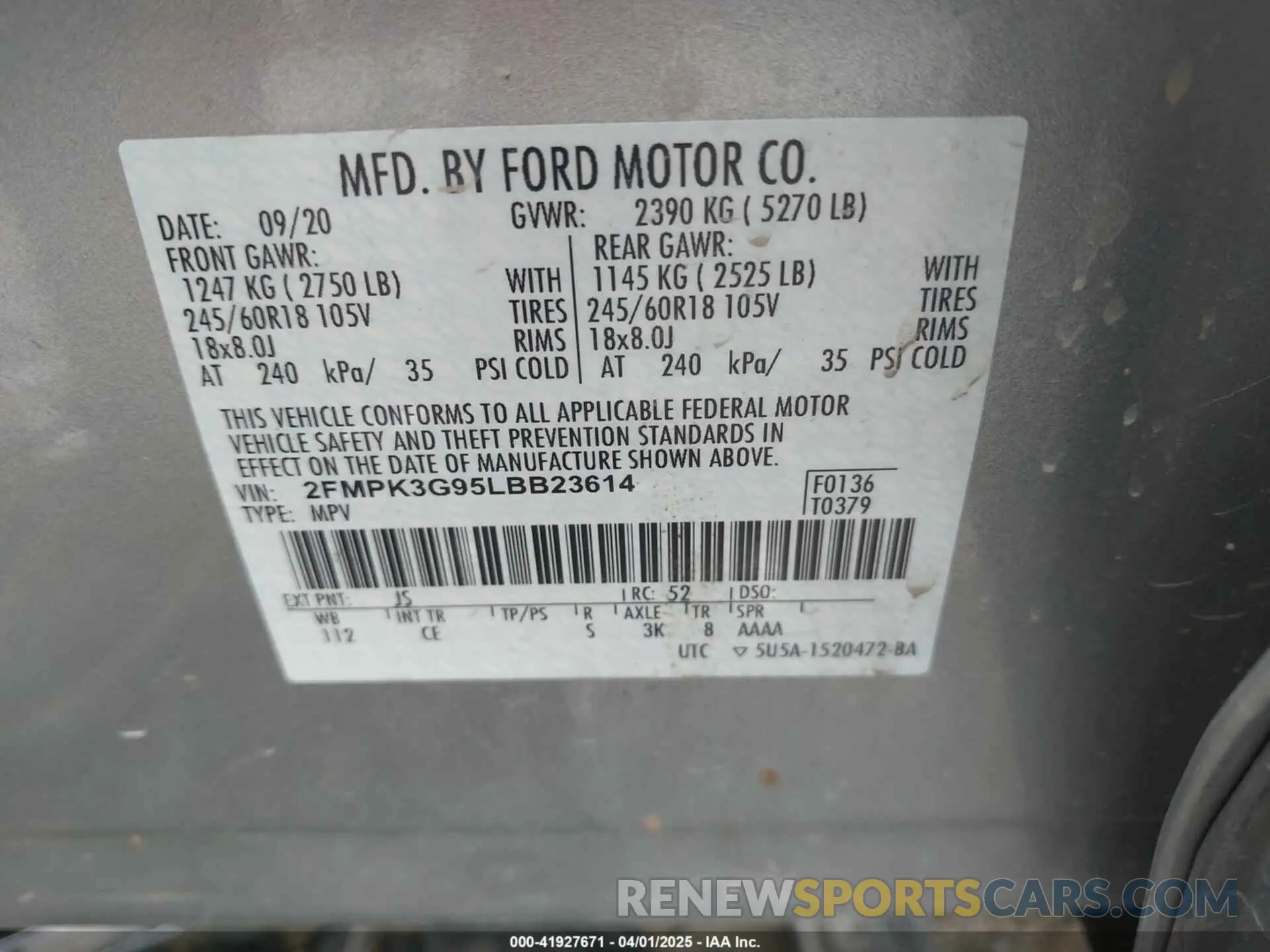 9 Photograph of a damaged car 2FMPK3G95LBB23614 FORD EDGE 2020