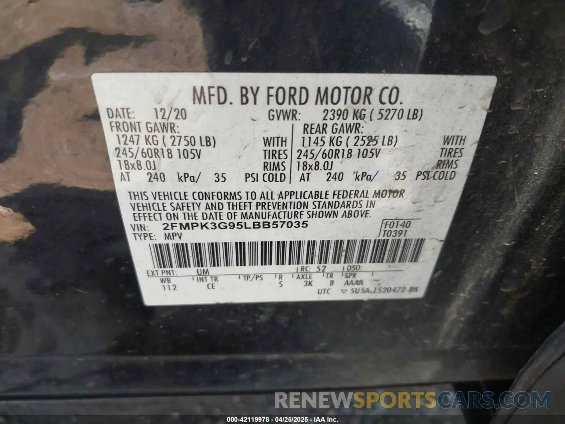 9 Photograph of a damaged car 2FMPK3G95LBB57035 FORD EDGE 2020
