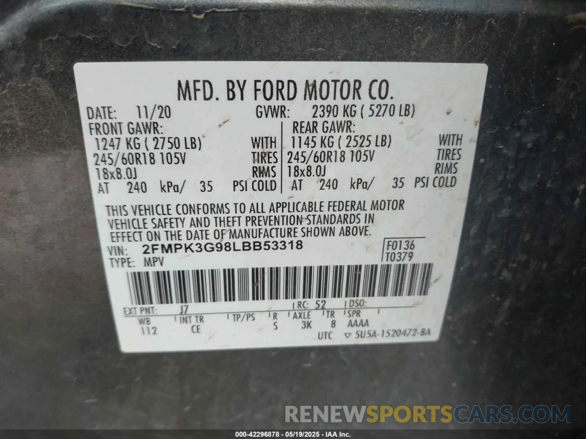 9 Фотография поврежденного автомобиля 2FMPK3G98LBB53318 FORD EDGE 2020