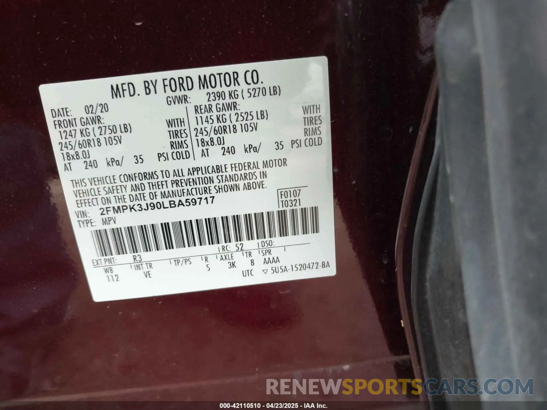 9 Фотография поврежденного автомобиля 2FMPK3J90LBA59717 FORD EDGE 2020