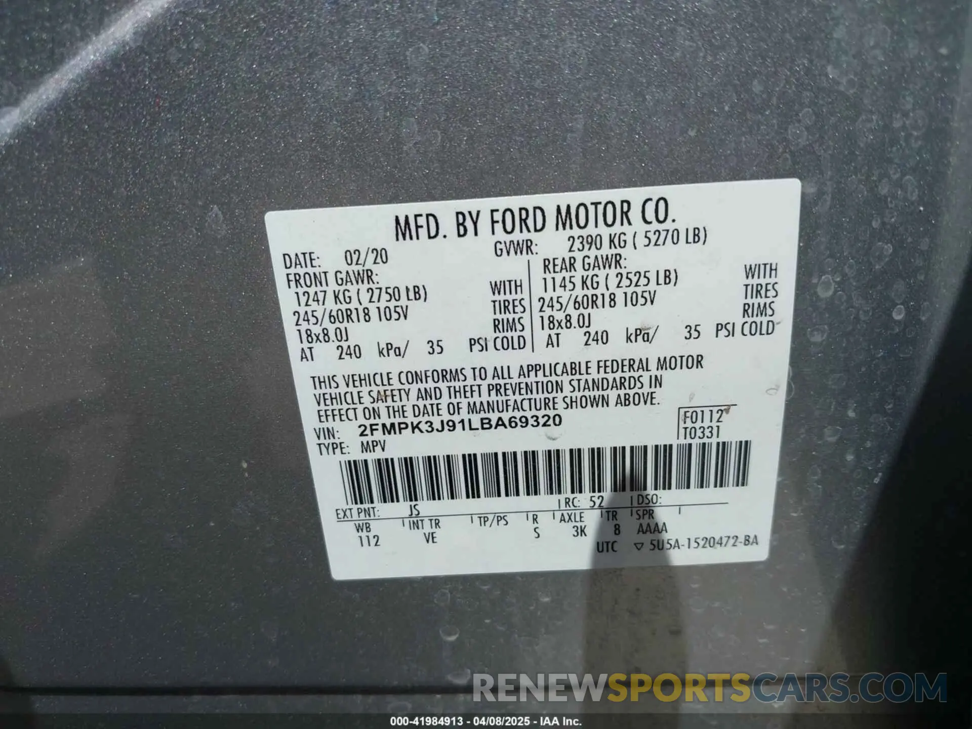 9 Photograph of a damaged car 2FMPK3J91LBA69320 FORD EDGE 2020