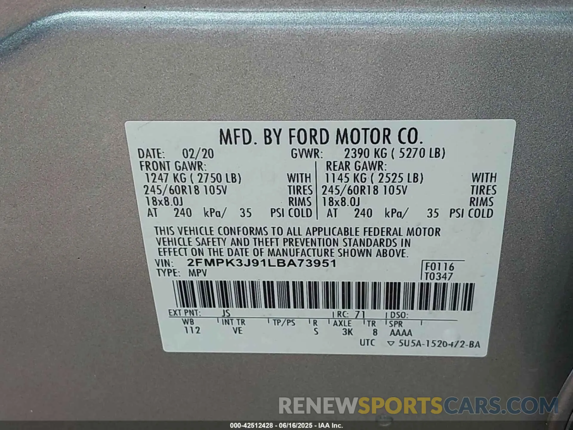 9 Photograph of a damaged car 2FMPK3J91LBA73951 FORD EDGE 2020