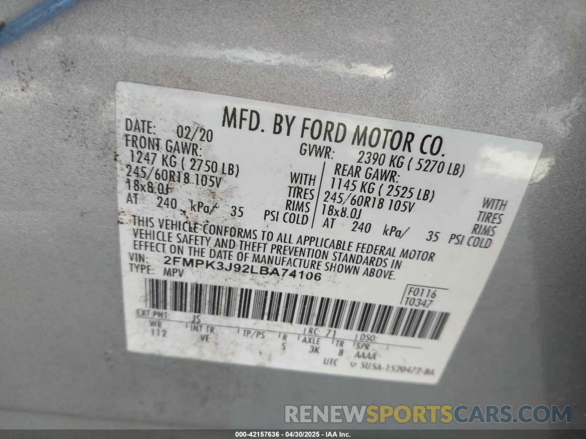 9 Photograph of a damaged car 2FMPK3J92LBA74106 FORD EDGE 2020