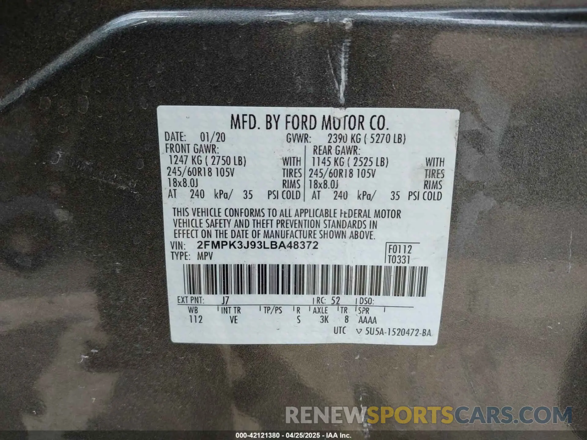 9 Photograph of a damaged car 2FMPK3J93LBA48372 FORD EDGE 2020