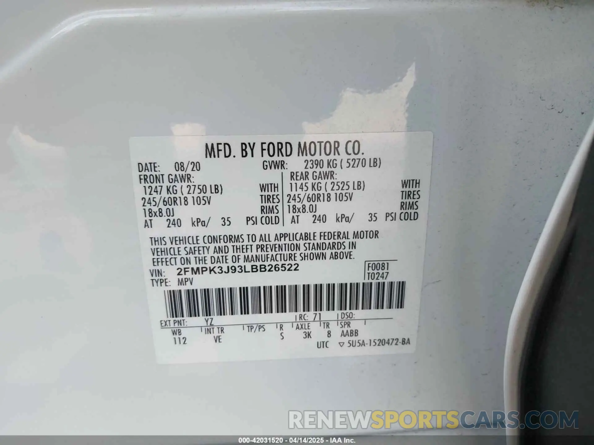 9 Фотография поврежденного автомобиля 2FMPK3J93LBB26522 FORD EDGE 2020