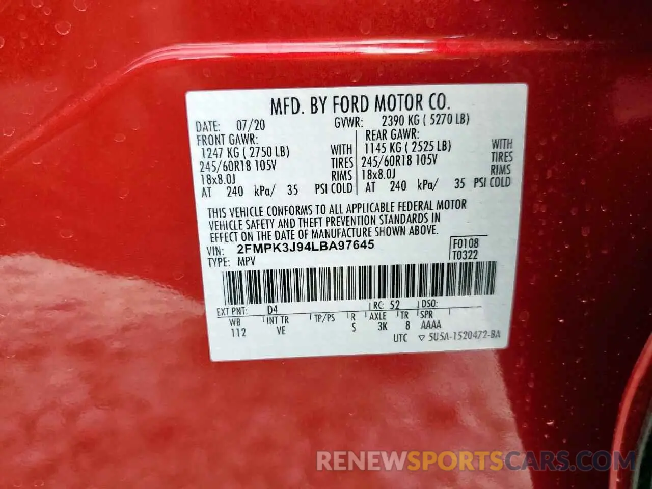 13 Photograph of a damaged car 2FMPK3J94LBA97645 FORD EDGE 2020