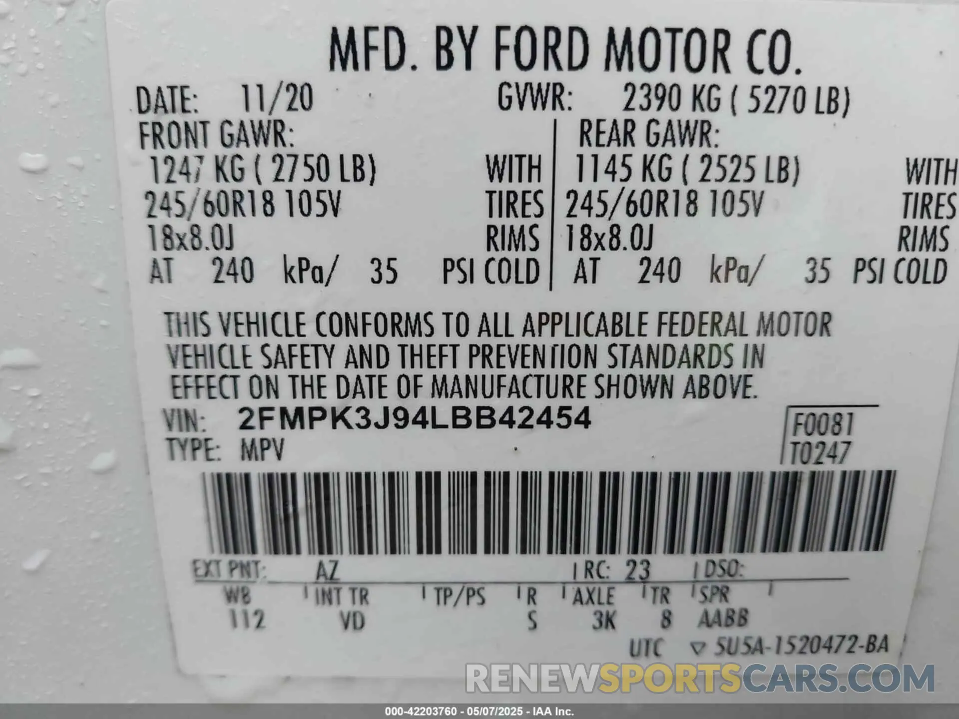 9 Фотография поврежденного автомобиля 2FMPK3J94LBB42454 FORD EDGE 2020