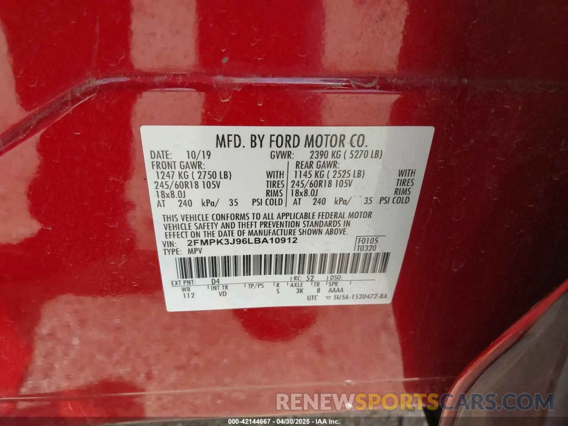 9 Фотография поврежденного автомобиля 2FMPK3J96LBA10912 FORD EDGE 2020