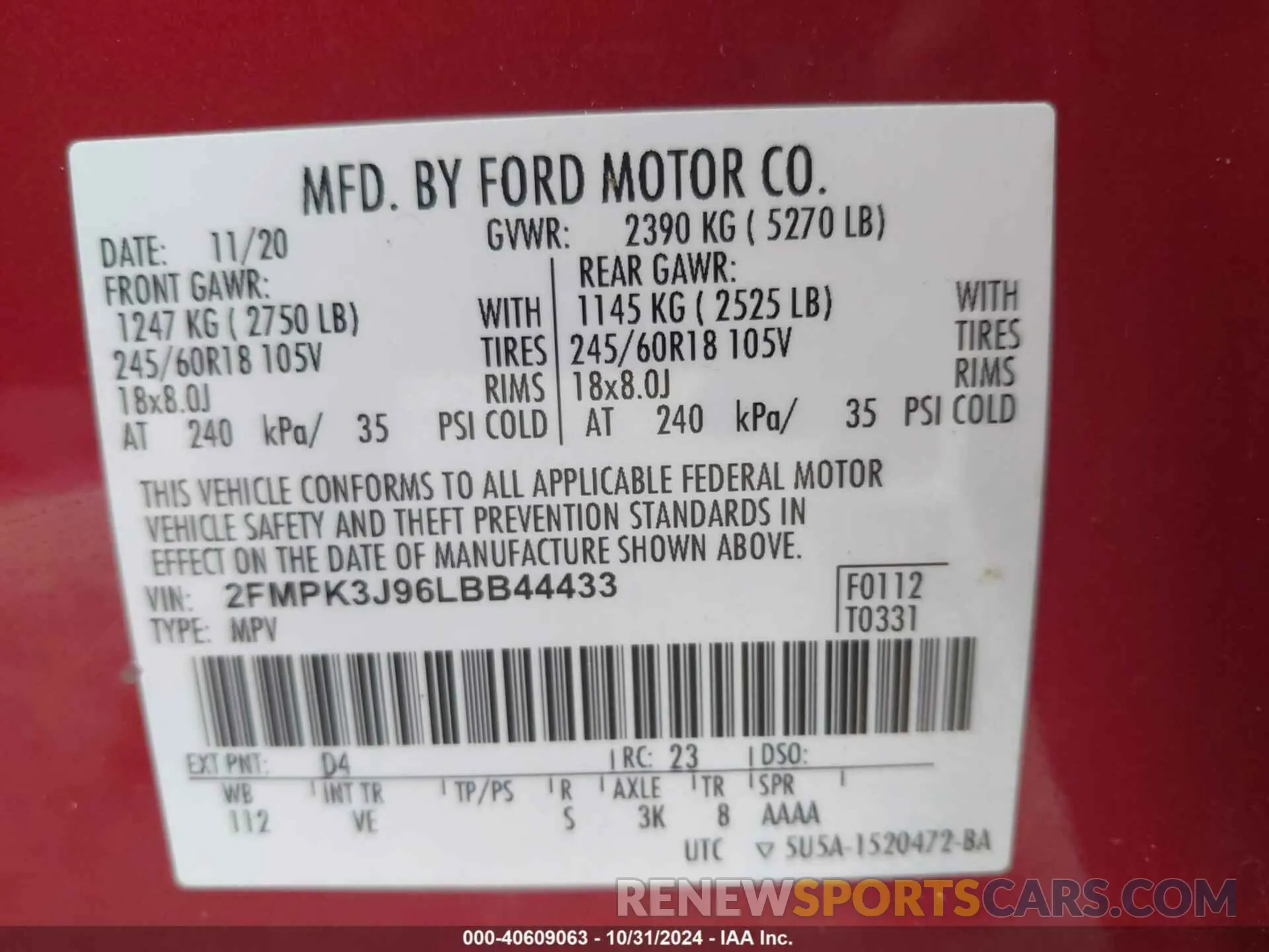 9 Photograph of a damaged car 2FMPK3J96LBB44433 FORD EDGE 2020