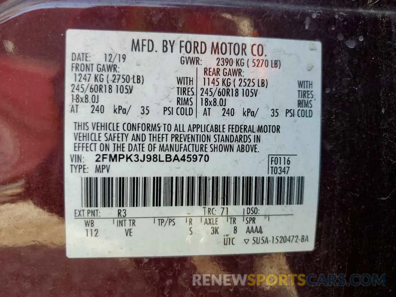 12 Photograph of a damaged car 2FMPK3J98LBA45970 FORD EDGE 2020