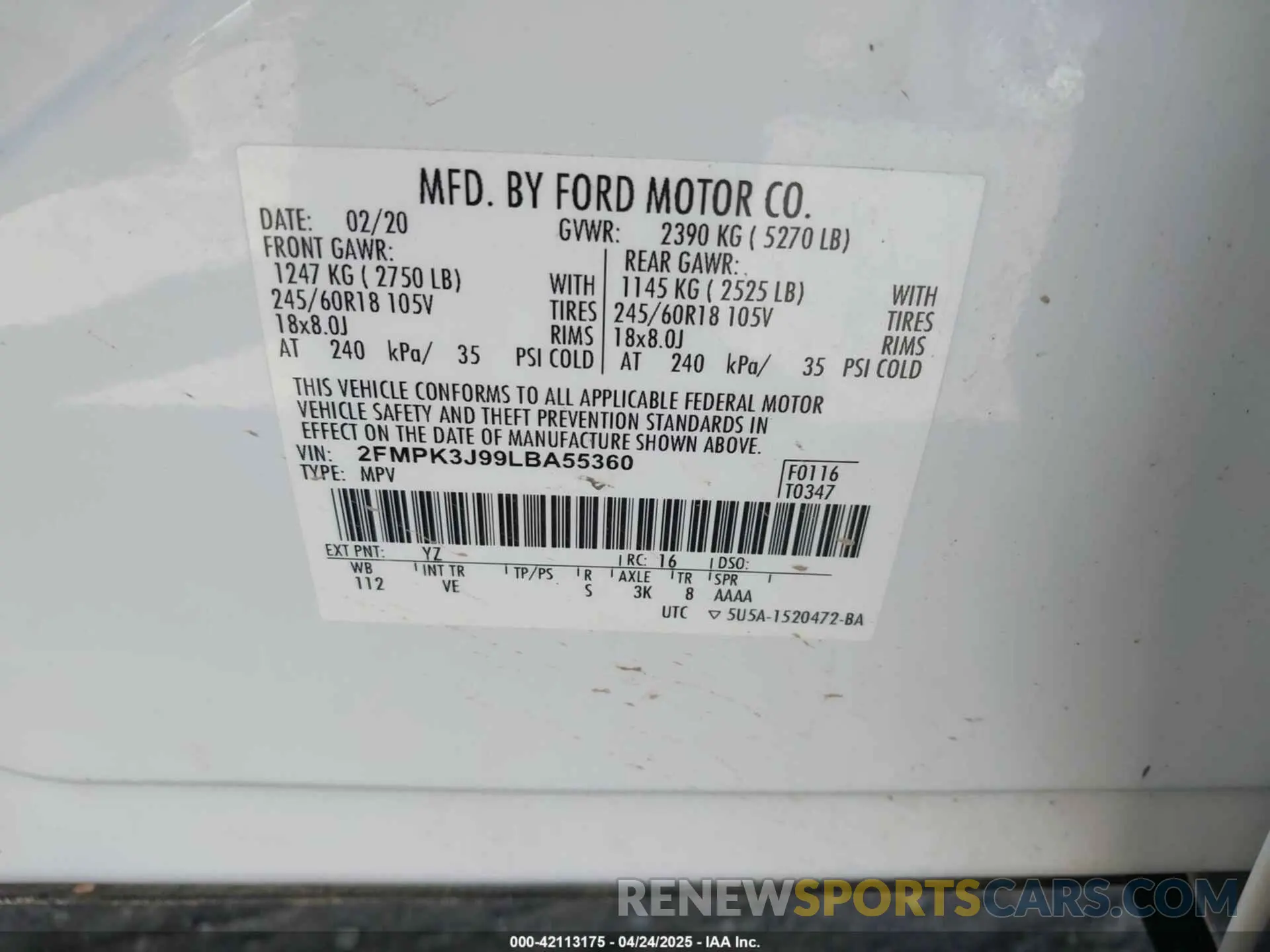 9 Photograph of a damaged car 2FMPK3J99LBA55360 FORD EDGE 2020