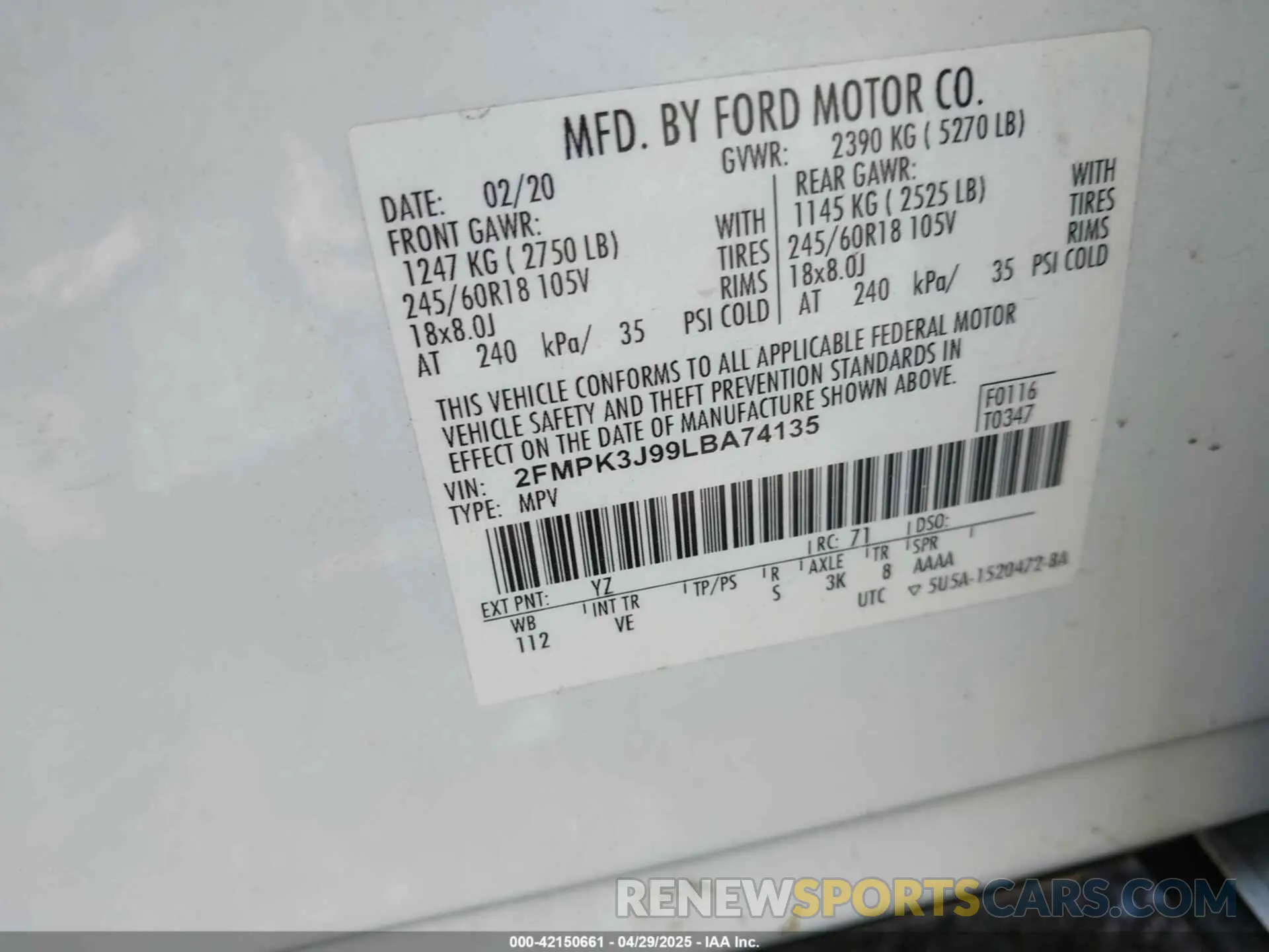 9 Photograph of a damaged car 2FMPK3J99LBA74135 FORD EDGE 2020