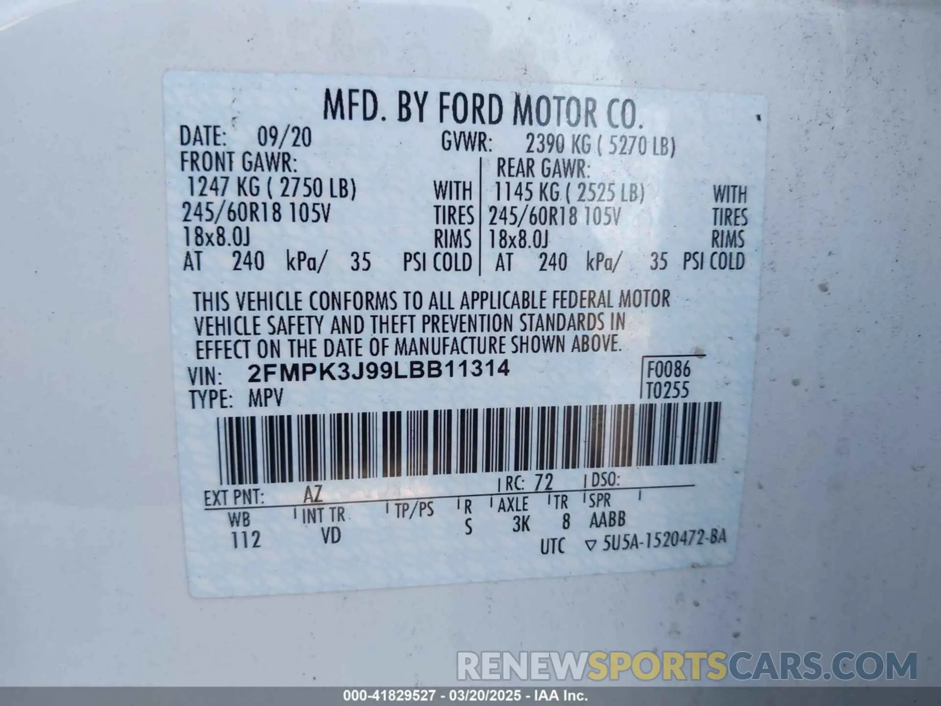9 Фотография поврежденного автомобиля 2FMPK3J99LBB11314 FORD EDGE 2020