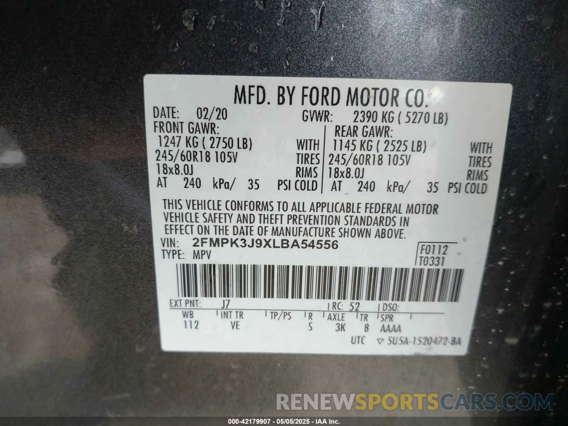 9 Фотография поврежденного автомобиля 2FMPK3J9XLBA54556 FORD EDGE 2020