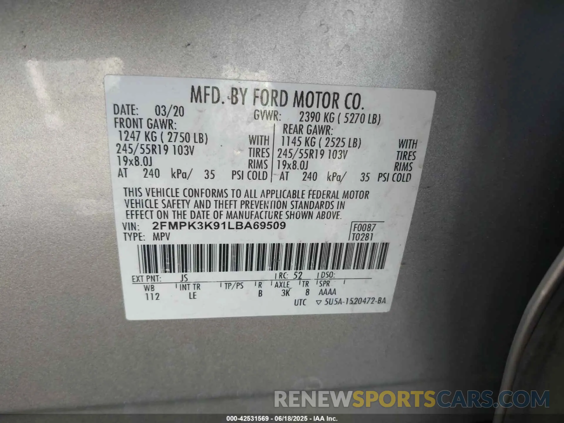 9 Photograph of a damaged car 2FMPK3K91LBA69509 FORD EDGE 2020