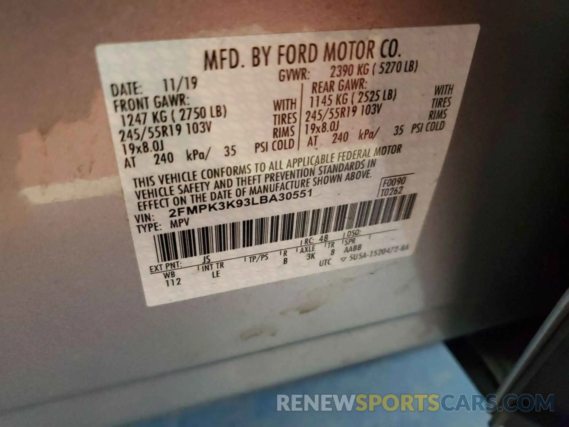 20 Photograph of a damaged car 2FMPK3K93LBA30551 FORD EDGE 2020