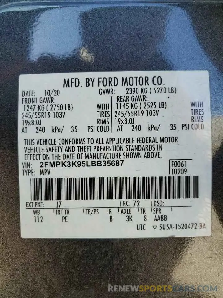 14 Фотография поврежденного автомобиля 2FMPK3K95LBB35687 FORD EDGE 2020