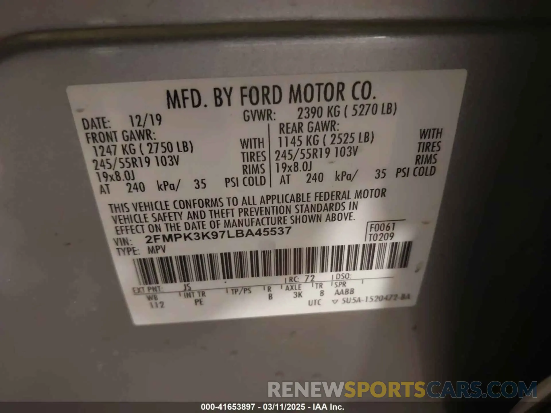 9 Photograph of a damaged car 2FMPK3K97LBA45537 FORD EDGE 2020