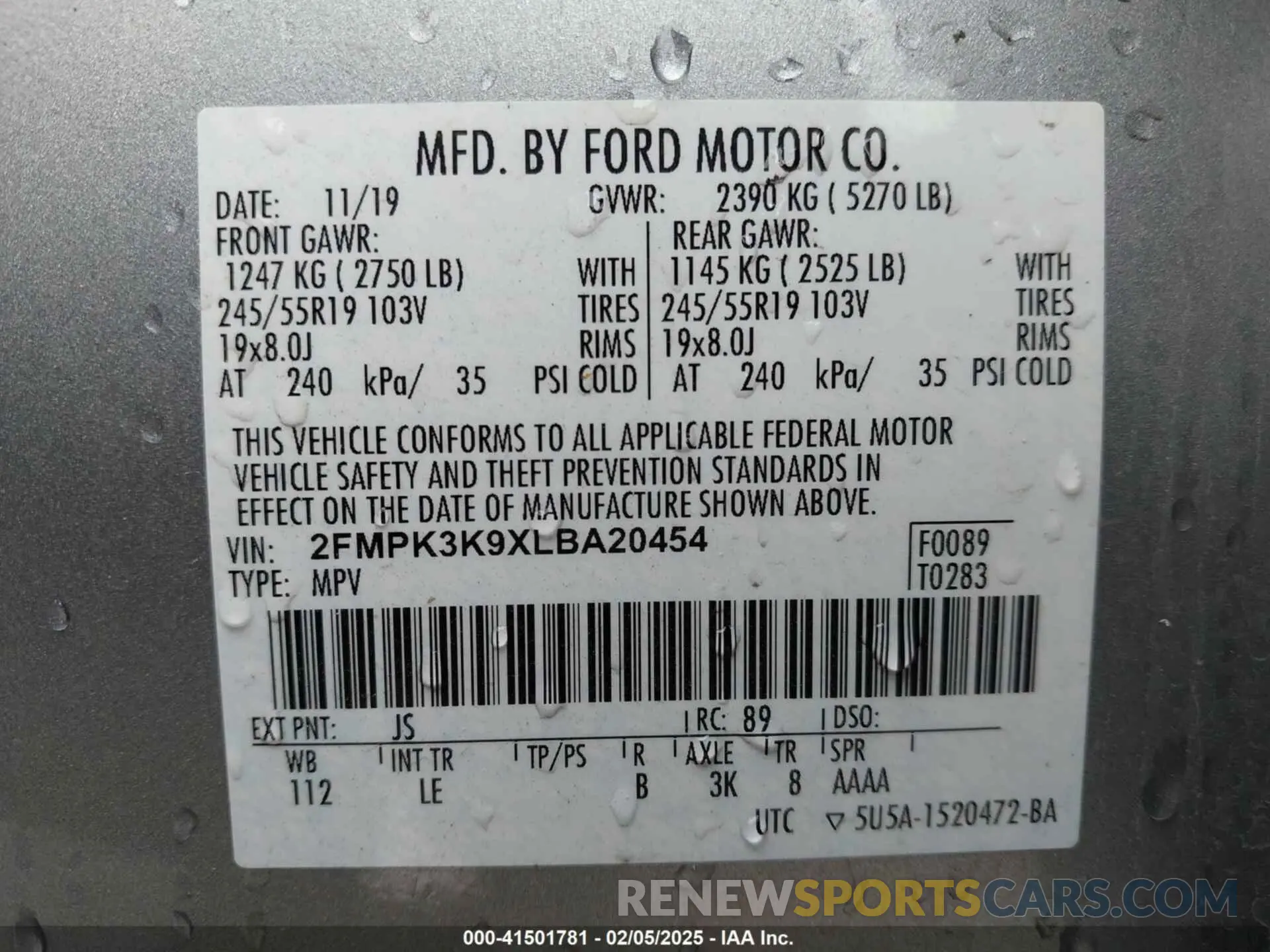 9 Фотография поврежденного автомобиля 2FMPK3K9XLBA20454 FORD EDGE 2020